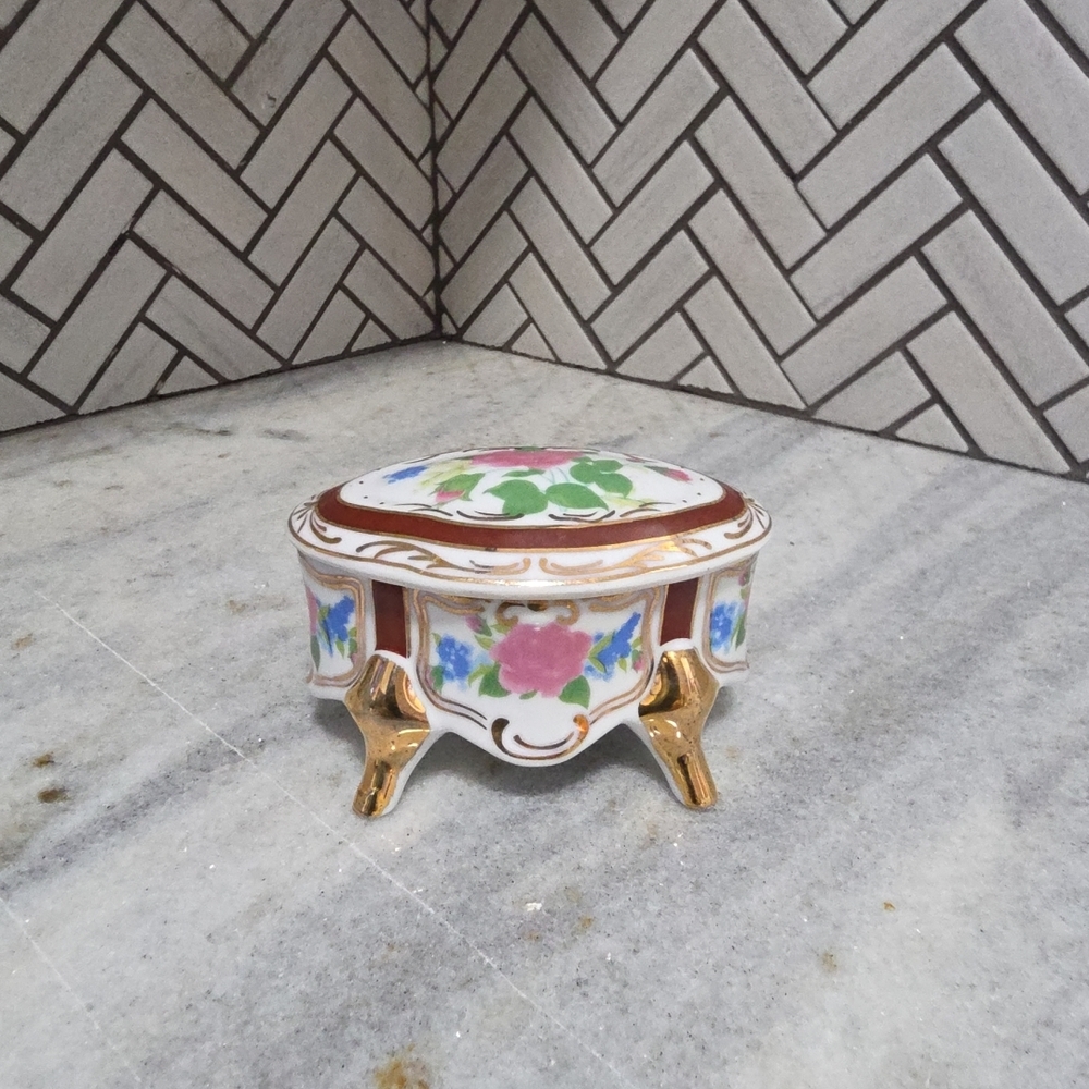 Floral Ceramic Trinket Box with Gold Accents